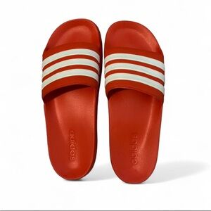 Adidas Red Slides with White Stripes